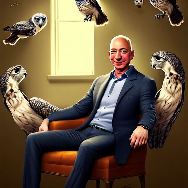 Prompt: epic professional digital art of Jeff Bezos sitting in a chair, surrounded by owls, best on artstation, cgsociety, wlop, Behance, pixiv, astonishing, impressive, outstanding, epic, cinematic, stunning, gorgeous, much detail, much wow, masterpiece.