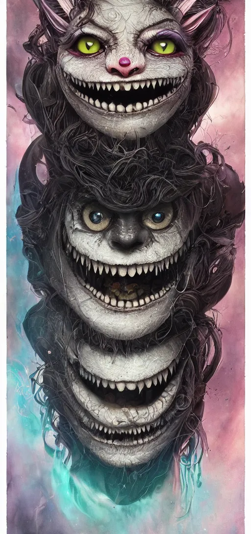 Image similar to dream portrait of evil Cheshire Cat from Alice in Wonderland,full character, melting ,8k,by tristan eaton,Stanley Artgermm,Tom Bagshaw,Greg Rutkowski,Carne Griffiths, Ayami Kojima, Beksinski, Giger,trending on DeviantArt,face enhance,hyper detailed,minimalist,horror, android, full of colour