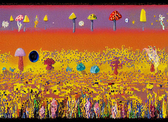 Image similar to pixel decollage painting golden armor alien zombie horseman riding on a crystal bone dragon broken rainbow diamond maggot horse in a blossoming meadow full of colorful mushrooms and golden foil toad blobs in a golden sunset, distant forest horizon, painted by Mark Rothko, Helen Frankenthaler, Danny Fox and Hilma af Klint, pixelated, neo expressionism, semi naive, rich deep colors, cinematic, color field painting, cave painting, voxel, pop art look, outsider art, minimalistic. Bill Traylor painting, part by Philip Guston and Francis Bacon. art by Adrian Ghenie, 8k, extreme detail, intricate detail, masterpiece