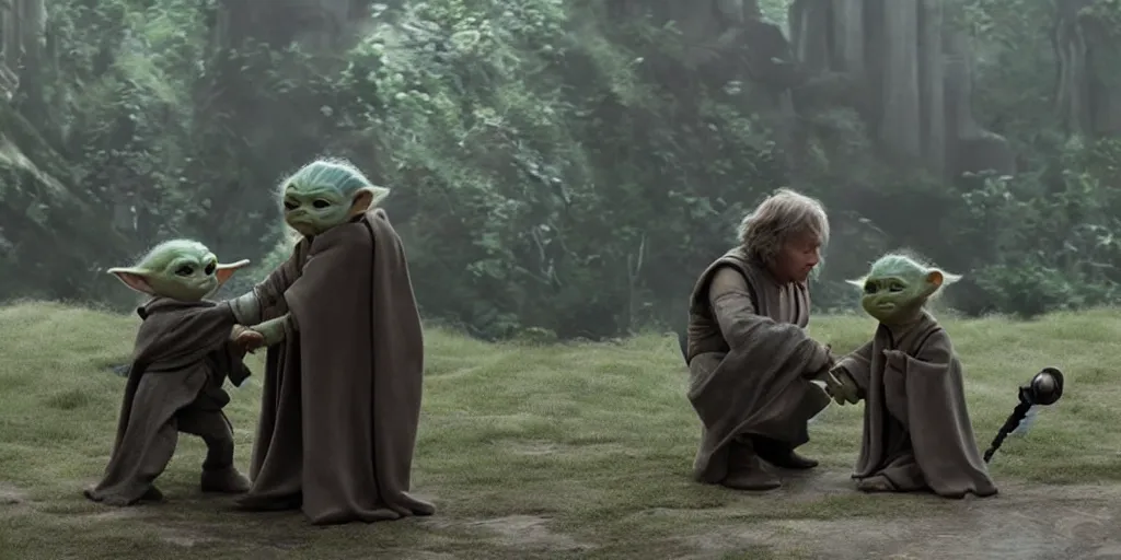 Prompt: Luke Skywalker teaches baby yoda at Jedi Temple scene from Force Awakens, 2022, serene, iconic scene, stunning cinematography, anamorphic lenses, kodak film