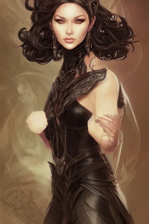 Image similar to elf sorceress character portrait wearing black silk looking over one shoulder, concept art, intricate details, highly detailed photorealistic portrait in the style of adam hughes, seseon yoon, artgerm and warren louw