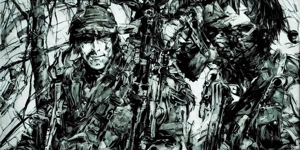 Prompt: A soldier in the woods, artwork by Yoji Shinkawa style