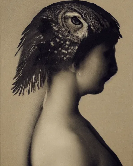 Image similar to a woman's face in profile, made of owl feathers, in the style of the dutch masters and gregory crewdson, dark and moody