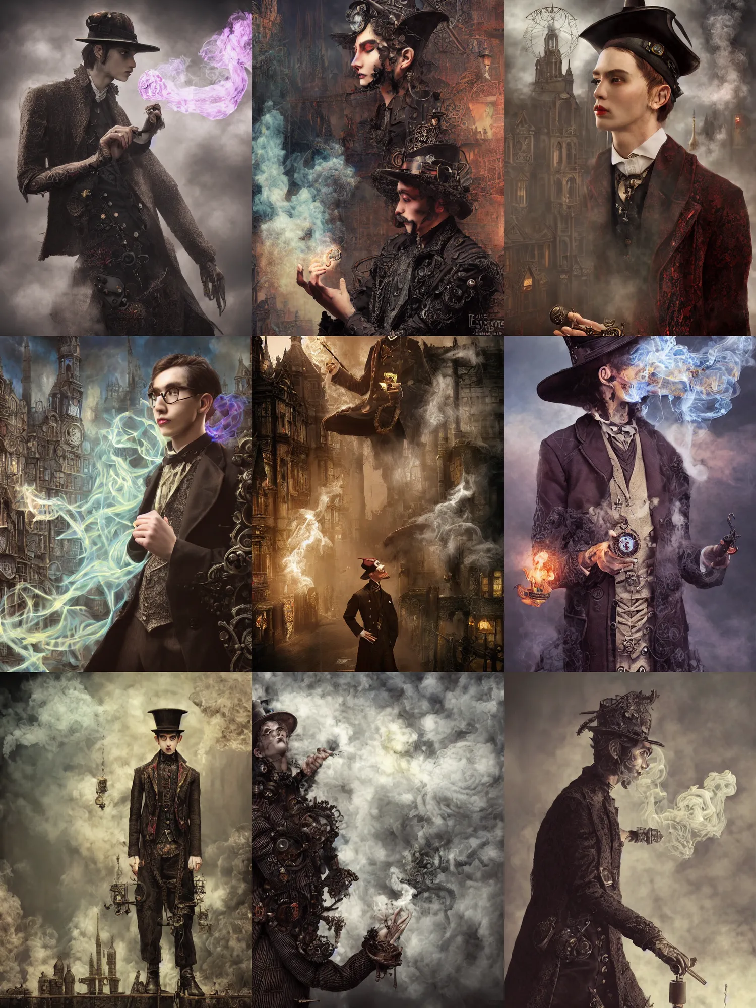 Prompt: a young man, evil wizard, victorian steampunk city vista, hyperrealism, octane render, extremely detailed, intricate colorful smoke magic, lace, style of mark ryden, earl nore, hyung tae, frank frazetta
