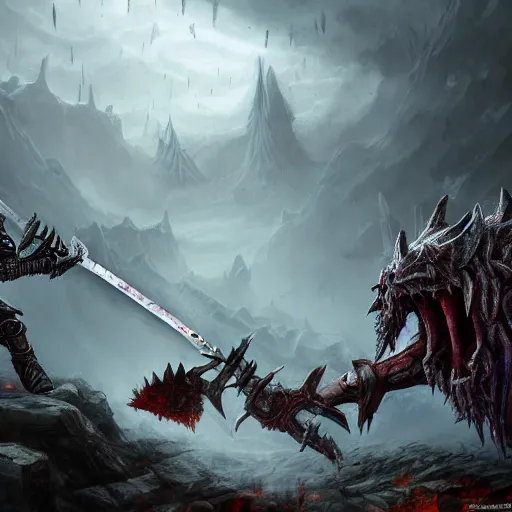 Prompt: Photo of a horrified human champion approaching a giant evil sentinel king wielding a mythical blade in the abandoned ruins, terror, hysterical, horrifying, digital art, destruction, the void, ominous, crown, fear, very detailed, trending on artstation, intricate details, high definition, 16k, Artstation, by John Wallin Libert