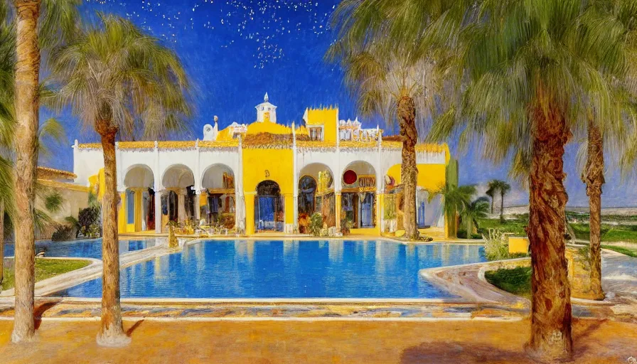 Prompt: a 1 9 9 8 southern spain palace!!! costa blanca, designed by cheval michael, bispo do rosario, arnold bocklin, tarsila do amaral and gustave baumann, jules bastien - lepage, warm, mediterranean, star, sharp focus, colorful refracted sparkles and lines, soft light, 8 k 4 k
