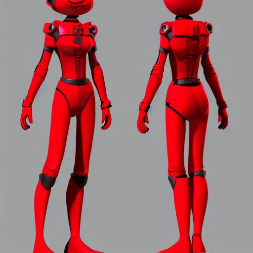 Prompt: 3d model sheet tpose turnaround of female sci fi character with black hair and red armored space outfit with stylized pixar mom proportions