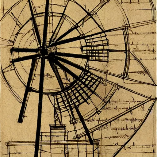 Image similar to old pencil sketch by leonardo da vinci blueprint! of a windmill, very detailed technical sketch, blueprint with annotation, quotes, written dimensions, monochromatic, sepia tones, old paper