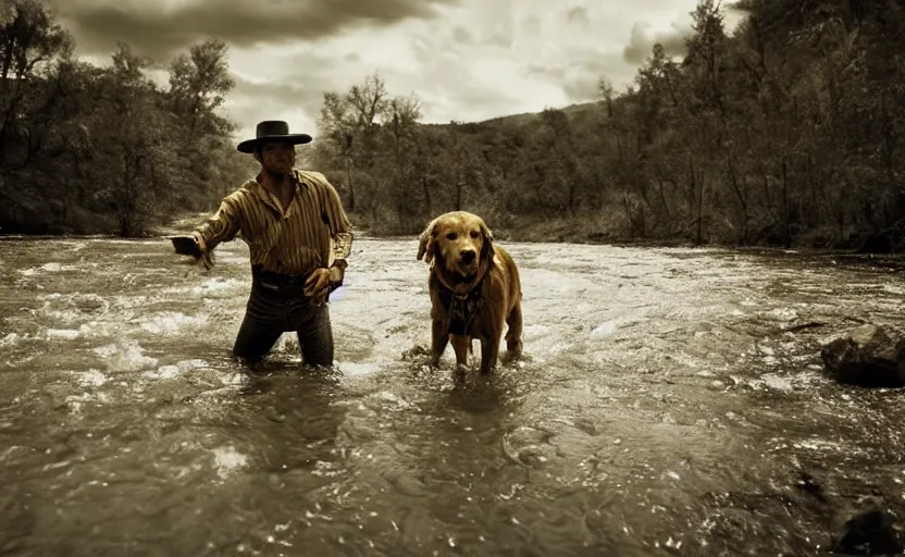 Prompt: a wild west man with the head of a golden retriever panning for gold in a river, gold nuggets in pan, cinematic style photograph