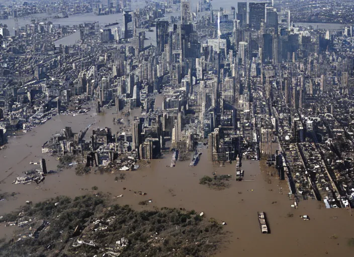 Prompt: aerial photograph of Manhattan, flooded and abandoned, reclaimed by the sea