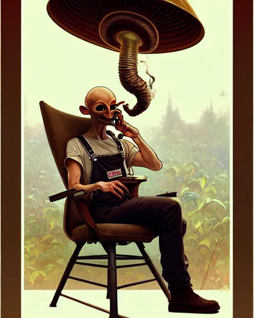 Prompt: male mushroom alien sitting in a rocking chair, wearing overalls, smoking a pipe, full body, art by artgerm and greg rutkowski and alphonse mucha