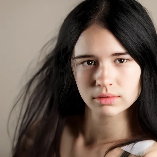 Image similar to young woman with long messy black hair, slightly smiling, 1 3 5 mm nikon portrait