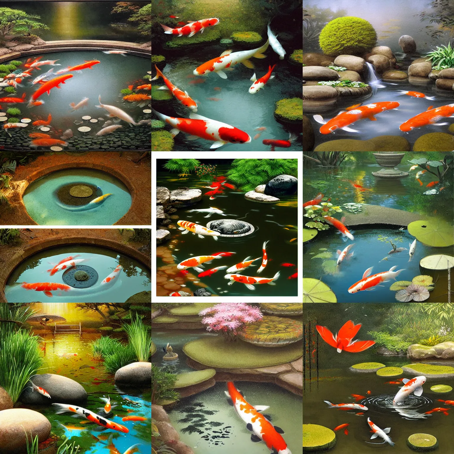 Prompt: koi swimming in a small pond, zen garden, art by greg rutkowski and artgerm