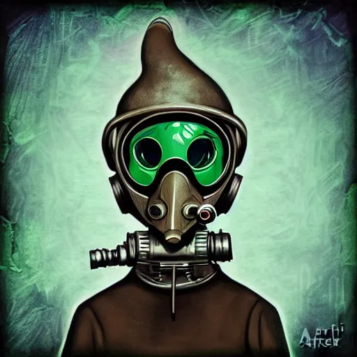 Prompt: elf with gas mask, stoner album art by arik roper