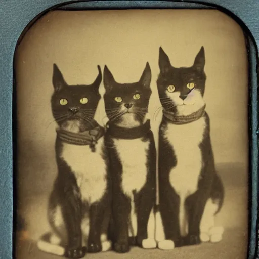 Image similar to daguerreotype of 3 cats in a trench coat