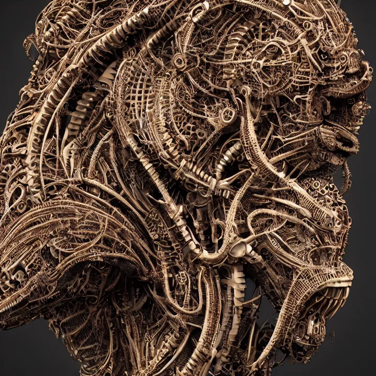 Image similar to surreal biomechanical spinal ribbed tribal organic face portrait of mechanical animal, beautiful detailed intricate insanely detailed 3D render digital art, octane render, 8K artistic photography, photorealistic