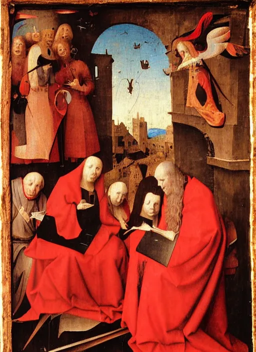 Image similar to fallen angels dressed in red reading the bible and arguing in Tuscany by Jan van Eyck, Hieronymus Bosch, 4k post-processing, highly detailed medieval painting