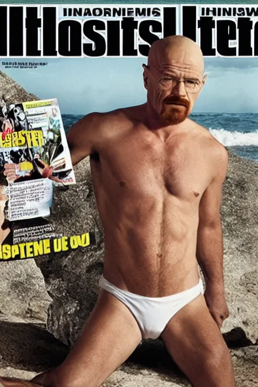 Prompt: walter white featured in bikini photoshoot, sports illustrated cover