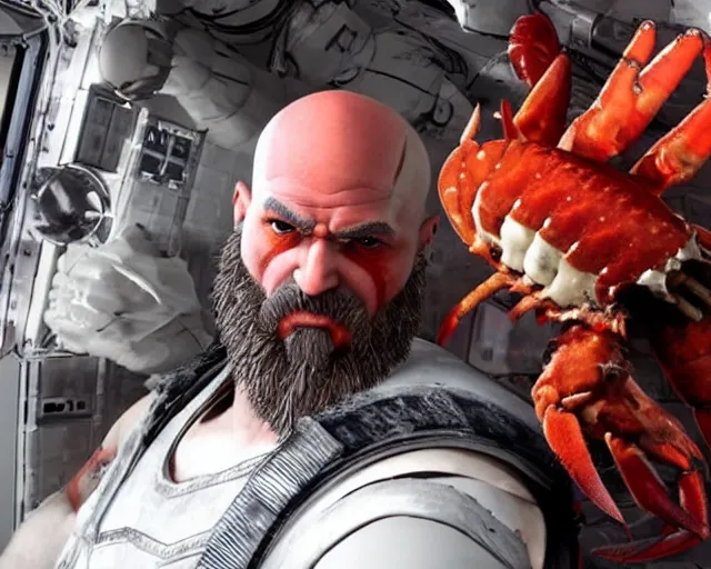 Image similar to kratos from the god of war videogame eating a whole lobster in the international space station