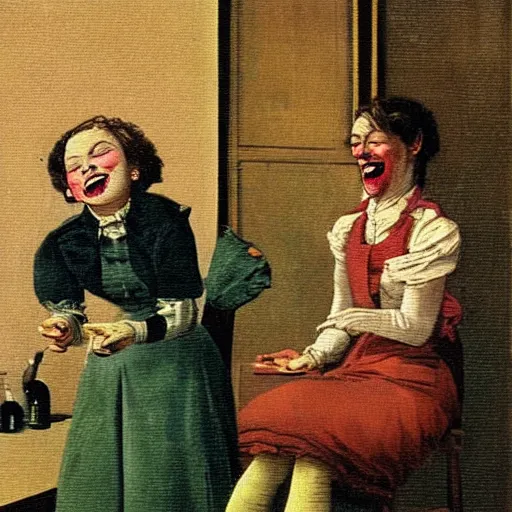 Prompt: crazy girl ghosts laughing Victorian era chambermaids Balthus