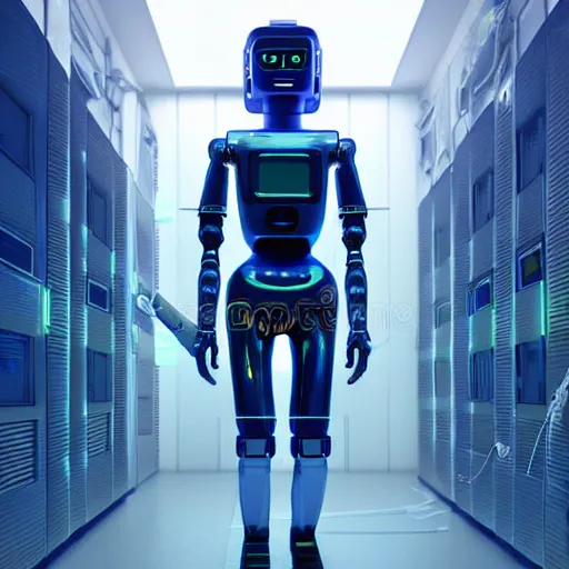 Image similar to hyperrealism stock photography of highly detailed stylish humanoid robot in cyberpunk sci - fi cyberpunk style by gragory crewdson and vincent di fate with many details by josan gonzalez working at the highly detailed data center by mike winkelmann and laurie greasley hyperrealism photo on dsmc 3 system rendered in blender and octane render