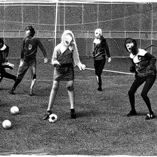 Prompt: witches playing football in space.