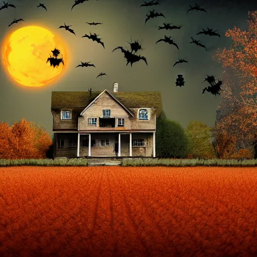 Prompt: matte painting of an old american House on a hill surrounded by a pumpkin field, spooky trees, Halloween eve, Fall Season, Graphic Novel.