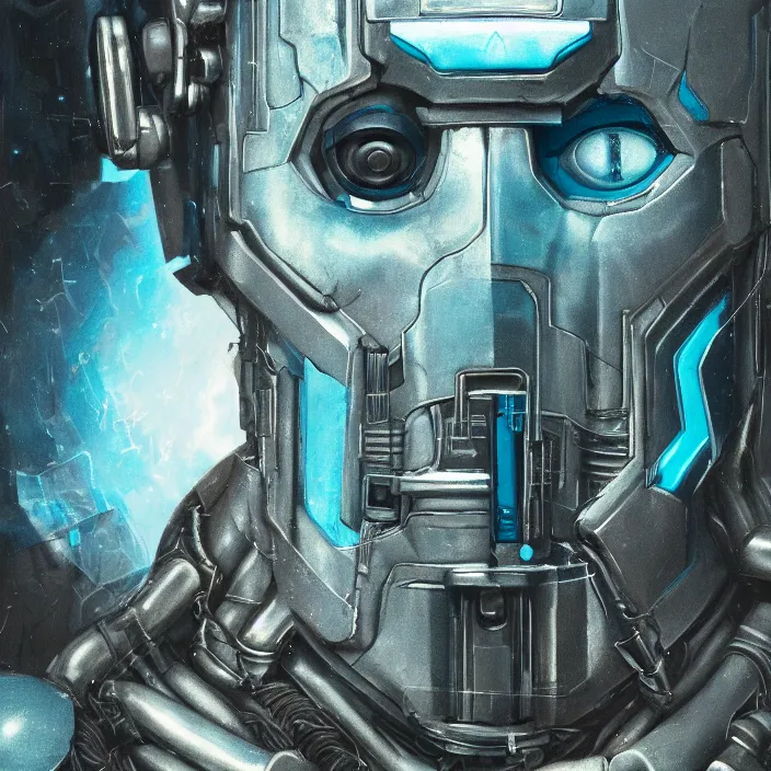 Prompt: portrait of a cyan Ultron from Age of Ultron, clockwork steampunk, head and chest only, techno texture background, by Beksinski, 4k, deviantart, trending on artstation