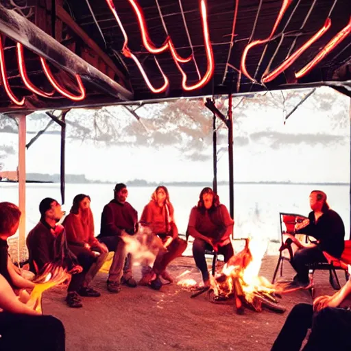 Image similar to 6 people sitting around a fire, singing. red neon lights tables nearby