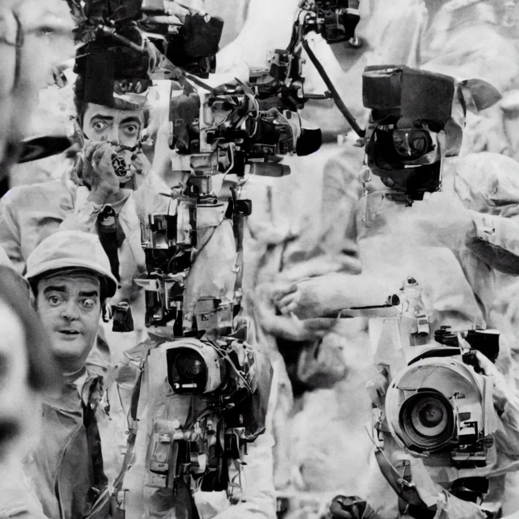 Prompt: a 1960s portrait photo of Stanley Kubrick on a movie set of the moon, 8K HD, old photo, highly detailed