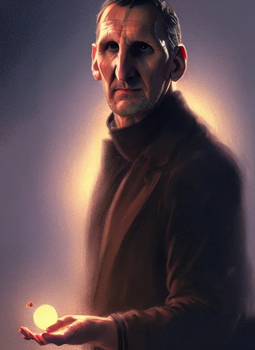 Image similar to portrait of christopher eccleston, intricate, elegant, glowing lights, highly detailed, digital painting, artstation, concept art, smooth, sharp focus, illustration, art by wlop, mars ravelo and greg rutkowski