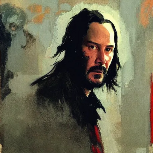 Image similar to keanu reeves, intricate, elegant, highly detailed, greg manchess, mucha, liepke, ruan jia, jeffrey catherine jones, ridley scott