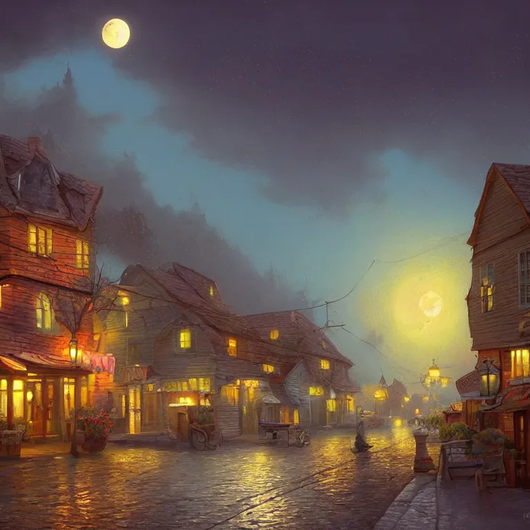 Image similar to town inspired by Evgeny Lushpin stores, cottages, streets, spring, midnight, full moon, cinematic,