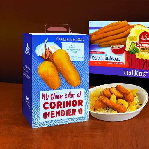 Prompt: advertisement for corndog dinner meal kits