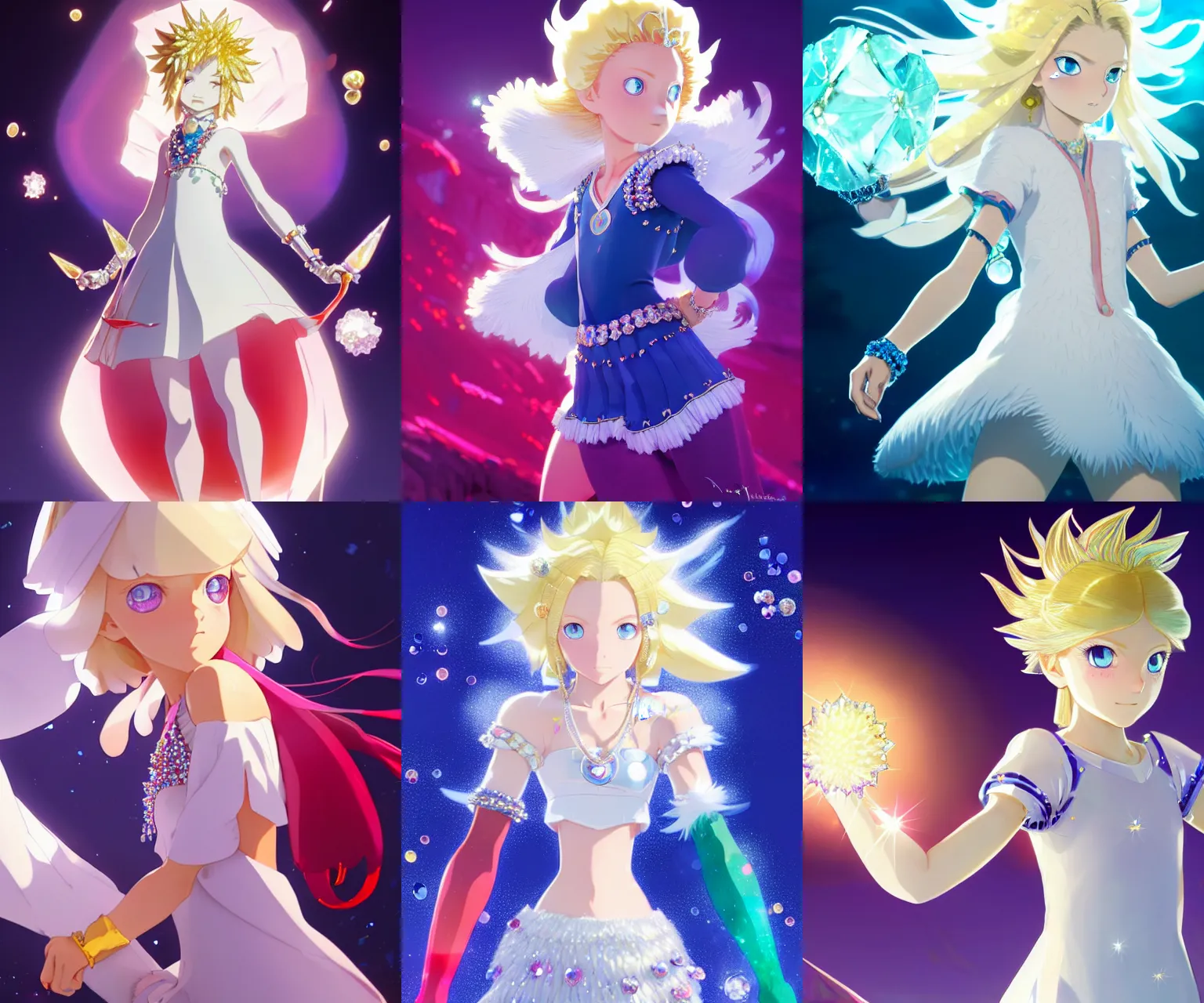 Prompt: young female urchin carrying colorful diamonds and sharp crystals, long blonde hair and blue eyes, white puffy outfit, detailed perfect face, exquisite details, mid view, design on a dark crimson background, by studio muti, greg rutkowski makoto shinkai takashi takeuchi studio ghibli, chaos emeralds