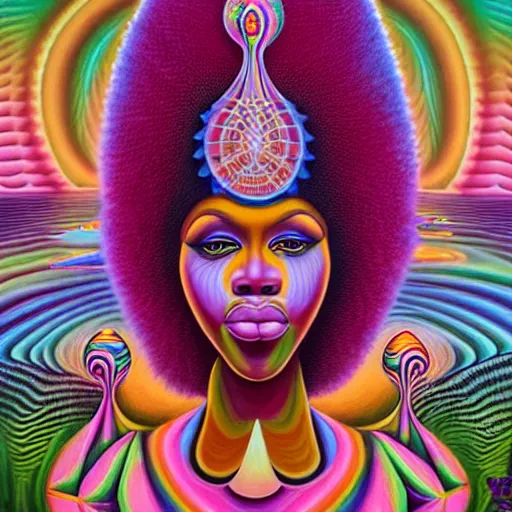 Image similar to a regal and elegant african queen with a colorful afro sitting in a cabana near a large steampunk pyramid near a pink river with a large glowing baobab tree, by amanda sage and alex grey and evgeni gordiets in a surreal psychedelic style, oil on canvas 8k, hd