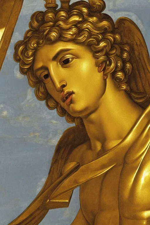 Image similar to archangel Michael, agony face, closeup, ultra detailed, made in gold, Guido Reni style