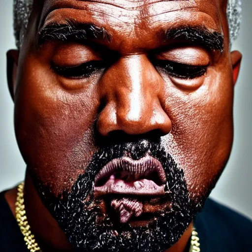 Image similar to the face of older kanye west wearing yeezy clothing at 5 4 years old, portrait by julia cameron, chiaroscuro lighting, shallow depth of field, 8 0 mm, f 1. 8