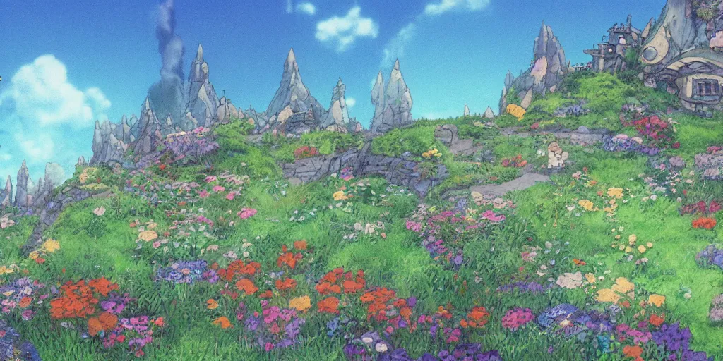 Image similar to a still of a background from howl's moving castle of hobbiton, studio ghibli, light bloom