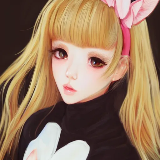 Image similar to realistic beautiful gorgeous natural cute Blackpink Lalisa Manoban blonde hair cute fur blonde cat ears in maid dress outfit golden eyes artwork drawn full HD 4K highest quality in artstyle by professional artists WLOP, Taejune Kim, Guweiz, ArtGerm on Artstation Pixiv