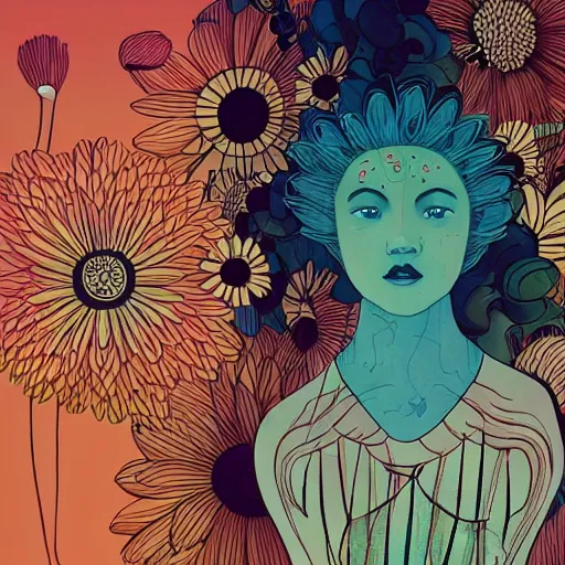 Image similar to closeup, huge daisy flower as a head, woman standing in modern apartment, surreal, dramatic light, by victo ngai by james jean, by rossdraws, frank franzzeta, mcbess