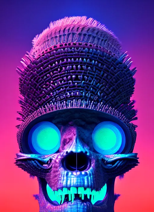 Image similar to 3 d ape shaman mage profile portrait, sigma 5 0 0 mm f / 5. beautiful intricate highly detailed quetzalcoatl skull and feathers. bioluminescent, plasma, lava, ice, water, wind, creature, thunderstorm! artwork by tooth wu and wlop and beeple and greg rutkowski, 8 k trending on artstation,