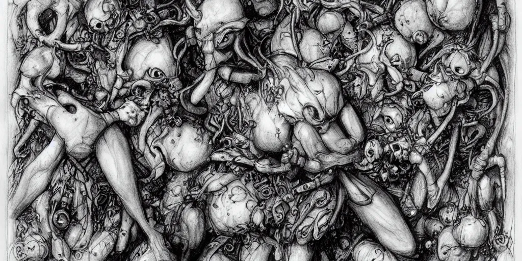 Image similar to high detailed drawing of smurfs and long white bones black and white, leaking oil, Brian Froud style