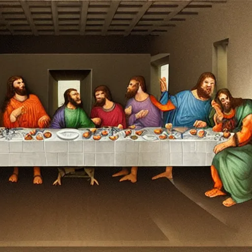 Image similar to the last supper with dinosaurs