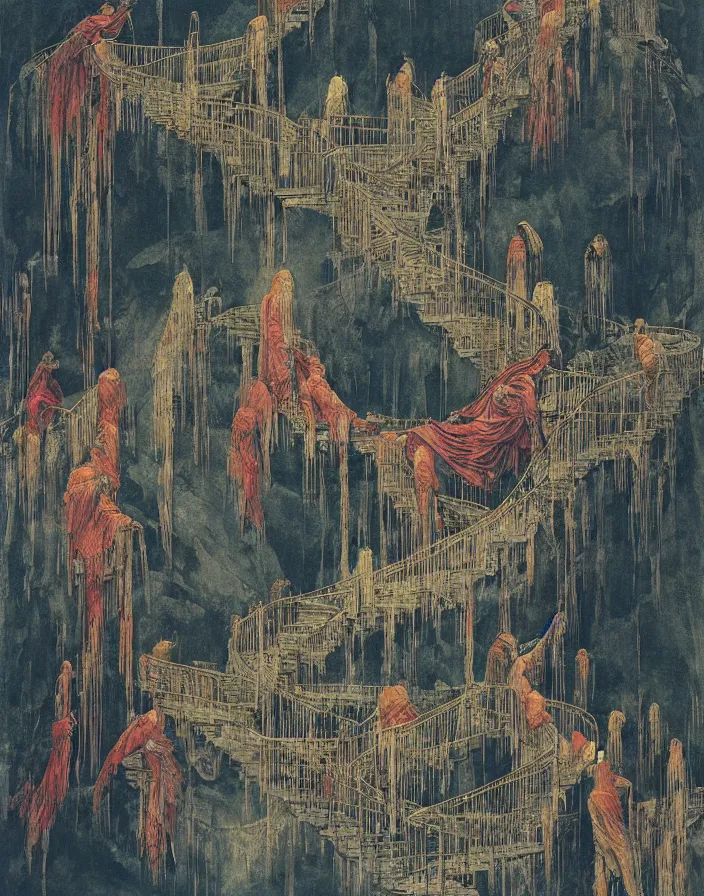 Prompt: worshippers in robes ascending a spiral staircase, high detailed beksinski painting, part by adrian ghenie and gerhard richter. art by takato yamamoto. masterpiece, deep colours, blue
