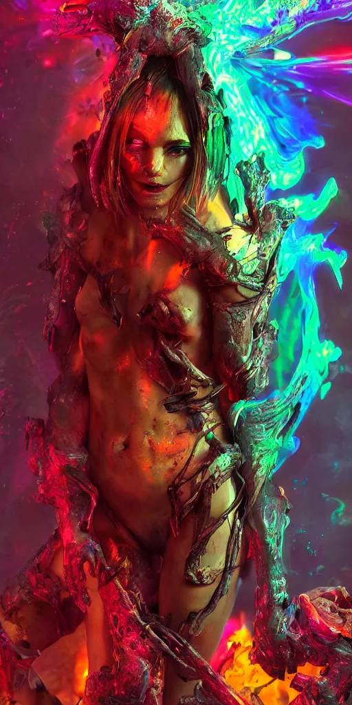 Image similar to impossibly beautiful demon hunter in the depths of hell battling demons, intricate complexity, horror, psychedelic glitch art, rainbow drip paint, trending on art station, photoreal, 8k, octane render