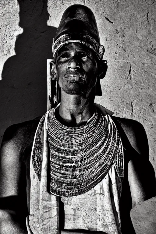 Image similar to a closer hero portrait of a live nubian temple guard in old egypt. photography photo art. cover of time magazine, dramatic light and shadow, saturated colors, ciaroscuro, interpreted by anders zorn