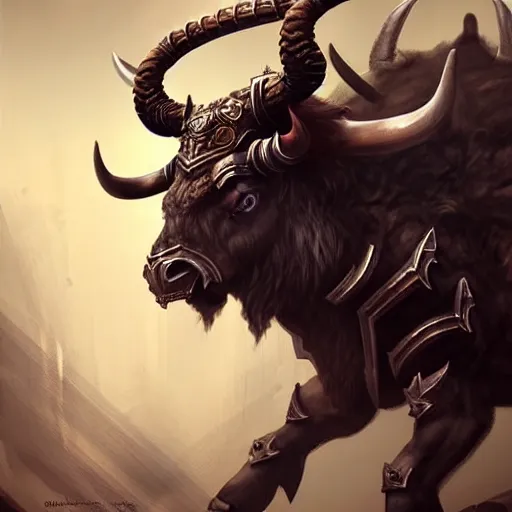 Image similar to epic bull headed minotaur beast in heavy ornate armor wielding giant axe, artwork, concept art, greek mythology, detailed, modern design, dark fantasy, digital painting, artstation, d&d