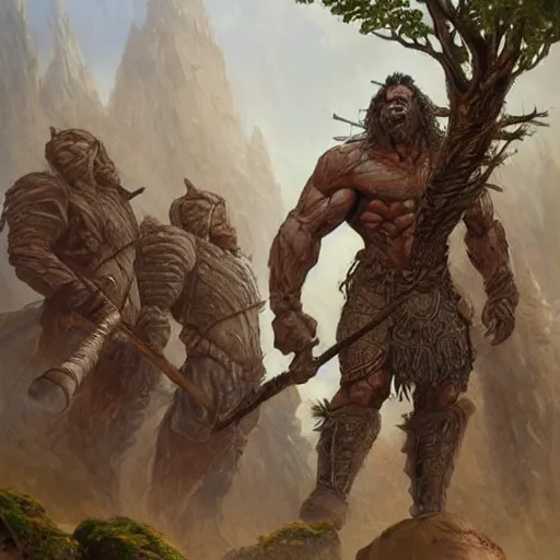 Image similar to muscular ogre - like fierce warrior with tree - bark skin wearing intricate stone and wood armor, towering above a group of soldiers, battlefield, highly detailed, digital painting, artstation, concept art, smooth, sharp focus, illustration, art by artgerm and greg rutkowski and alphonse mucha