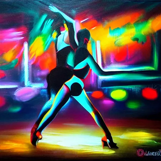 Prompt: dark dancing silhuettes in a dance club, colorful lights, dramatic lighting, a lot of energy, oil painting